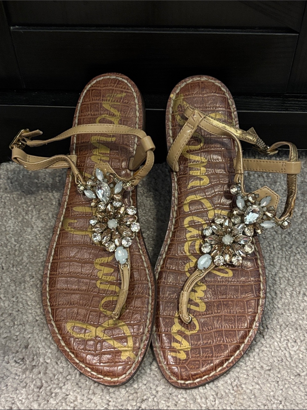 Sam Edelman Tan Jeweled T-Strap Sandals